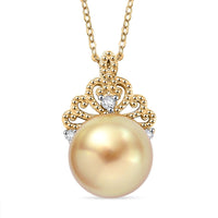 South Sea Golden Cultured Pearl 9-11mm and Diamond 0.06 ctw Crown Pendant Necklace in 18K Vermeil Yellow Gold Over Sterling Silver 20 Inches