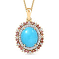 Sleeping Beauty Turquoise, Padparadscha Sapphire (Beryllium Treated) and Diamond 5.10 ctw Sunburst Pendant Necklace in 18K Vermeil Yellow Gold Over Sterling Silver 20 Inches - Sticky add to cart bar