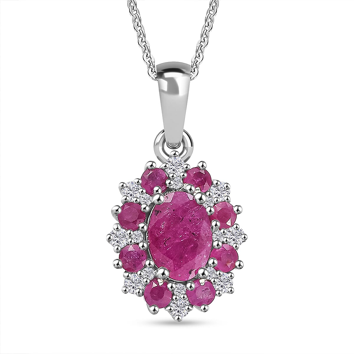 Premium Montepuez Ruby and Moissanite 1.65 ctw Art & Deco Pendant Necklace in Rhodium Over Sterling Silver 20 Inches