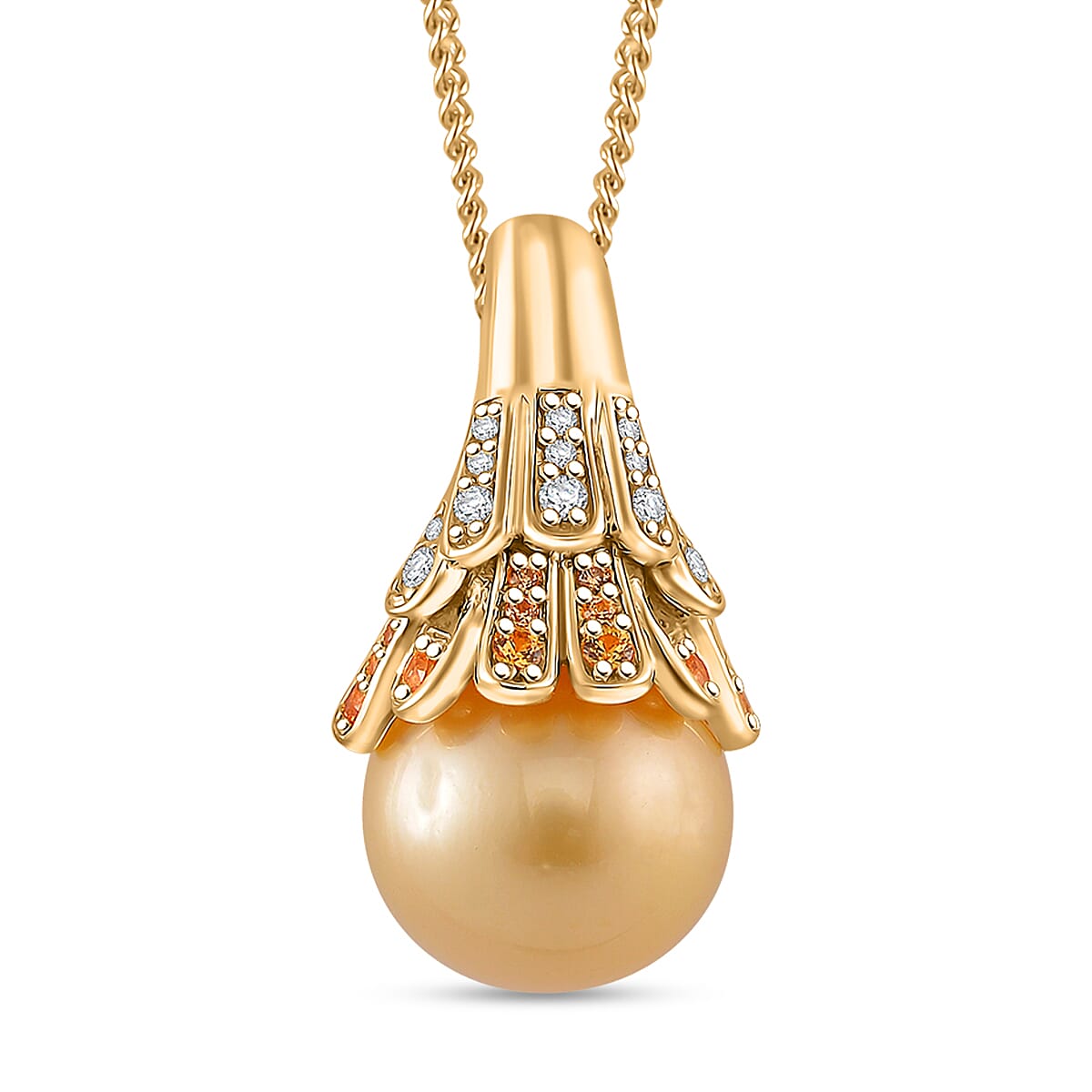 South Sea Golden Cultured Pearl 11-12mm and Multi Gemstone 0.40 ctw Crown Pendant Necklace in 18K Vermeil Yellow Gold Over Sterling Silver 20 Inches