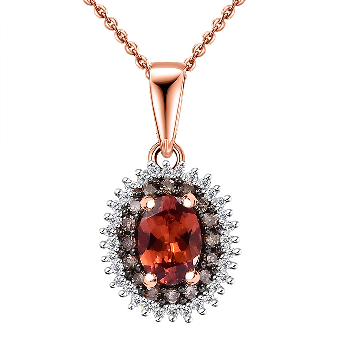 Premium Tanzanian Blush Garnet, Natural Champagne and White Diamond 1.25 ctw Sunflower Pendant Necklace in 18K Vermeil Rose Gold Over Sterling Silver 20 Inches