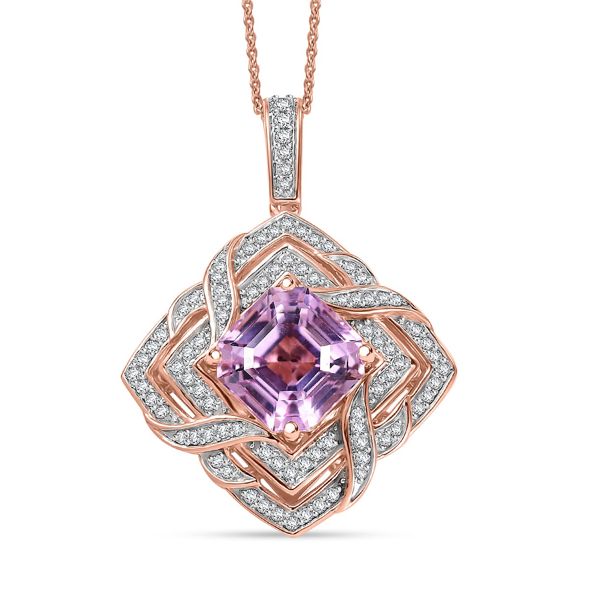 GP Amore Collection Asscher Cut Premium Kunzite and Moissanite 8.40 ctw Good Luck Endless Knot Pendant Necklace in 18K Vermeil Rose Gold Over Sterling Silver 20 Inches