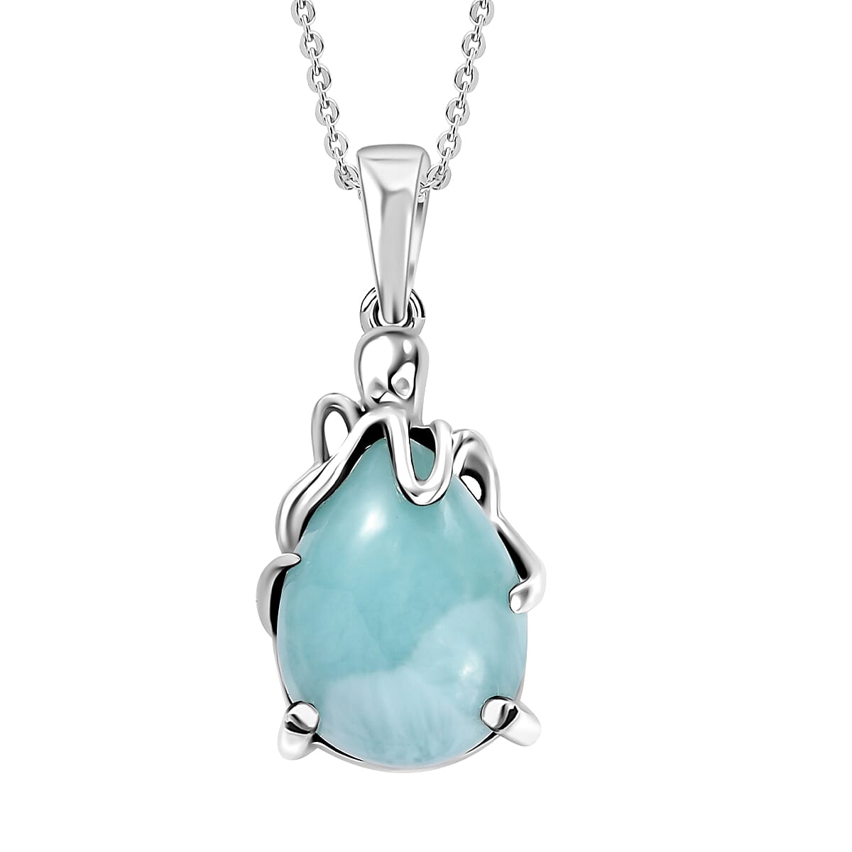 Natural Green Larimar 10.50 ctw Octopus Pendant Necklace in Rhodium Over Sterling Silver 20 Inches