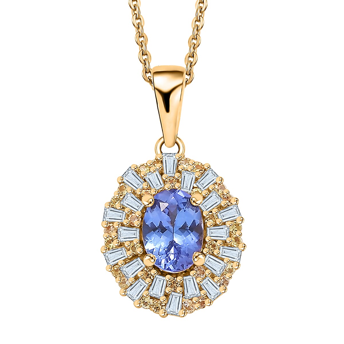 Premium Tanzanite, Moissanite and Yellow Sapphire 1.90 ctw Radiant Harmony Pendant Necklace in 18K Vermeil Yellow Gold Over Sterling Silver 20 Inches