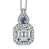 D'Joy Asscher Cut Moissanite (8x8 mm), Ceylon Blue Sapphire Pendant Necklace (20 Inches) in Rhodium Over Sterling Silver 3.45 ctw