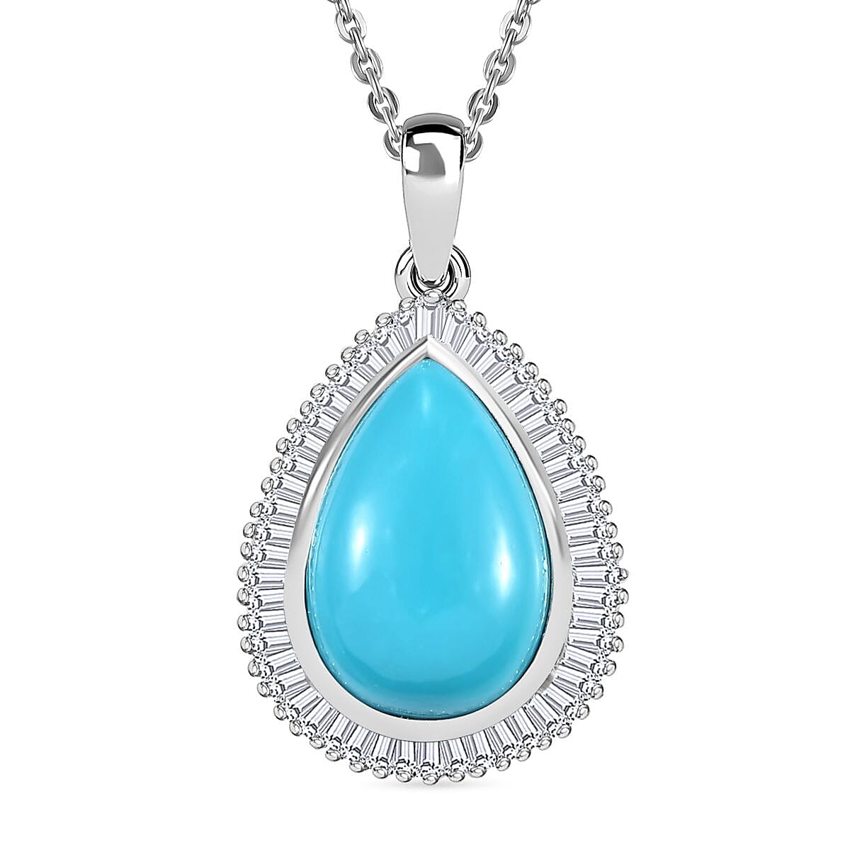 Premium Sleeping Beauty Turquoise and Diamond 4.25 ctw Dewdrop Pendant Necklace 20 Inches in Rhodium Over Sterling Silver