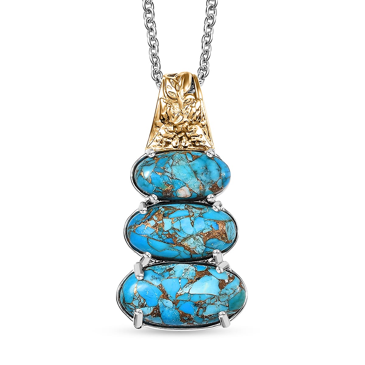 Matrix Chestnut Brine Turquoise 9.70 ctw Pendant in 14K YG and Platinum Over Copper with Stainless Steel Necklace (20 Inches)