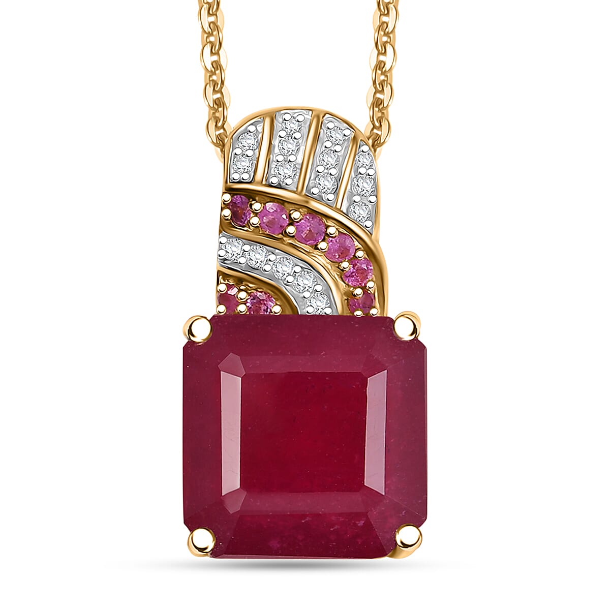 TLV Asscher Cut Niassa Ruby (FF), Multi Gemstone Pendant Necklace (20 Inches) in 18K Vermeil YG Over Sterling Silver 12.40 ctw