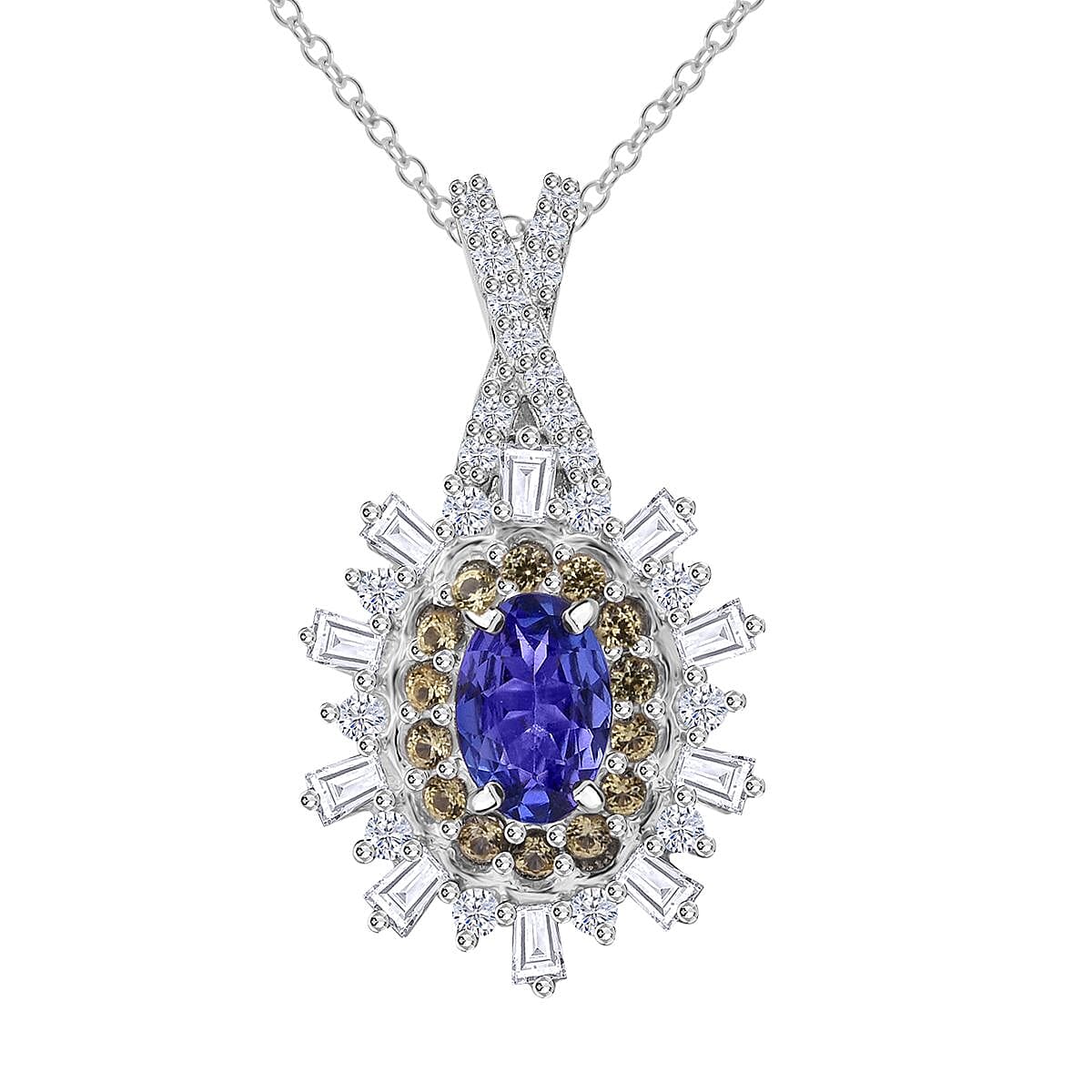 AAA Tanzanite and Multi Gemstone 1.00 ctw Snowflake Pendant Necklace in Rhodium Over Sterling Silver 20 Inches