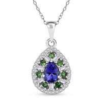 AAA Tanzanite and Multi Gemstone 1.25 ctw Teardrop Harmony Pendant Necklace in Rhodium Over Sterling Silver 20 Inches
