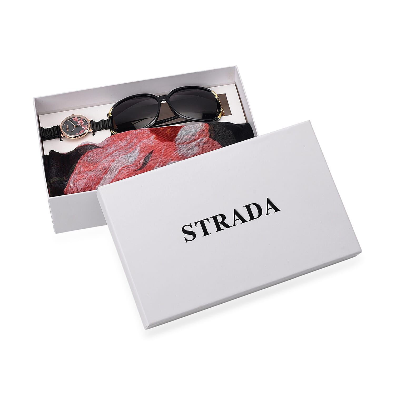 TLV Strada Japanese Movement Pink Flower Pattern Dial Watch with Stainless Steel Strap, Matching Scarf (27.6"x70.8") and UV400 with FDA Sunglass