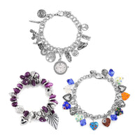 3pcs Set - Strada Japanese Movement Charm Bracelet Watch and Mutli Glass, Purple Howlite Beaded Set of 2 Bracelet with Heart Charm 15.00 ctw