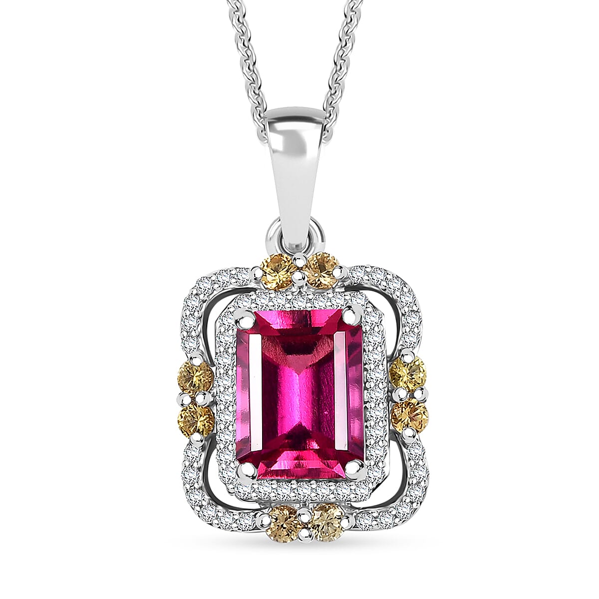 Luxuriant Bixbite (LG) and Multi Gemstone 1.90 ctw Twilight Blossom Pendant Necklace in Rhodium Over Sterling Silver 20 Inches