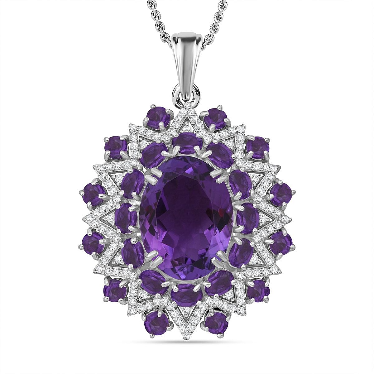 Epic Deal African Amethyst, White Zircon Eclipse Royale Pendant Necklace (20 Inches) in Rhodium Over Sterling Silver 13.85 ctw