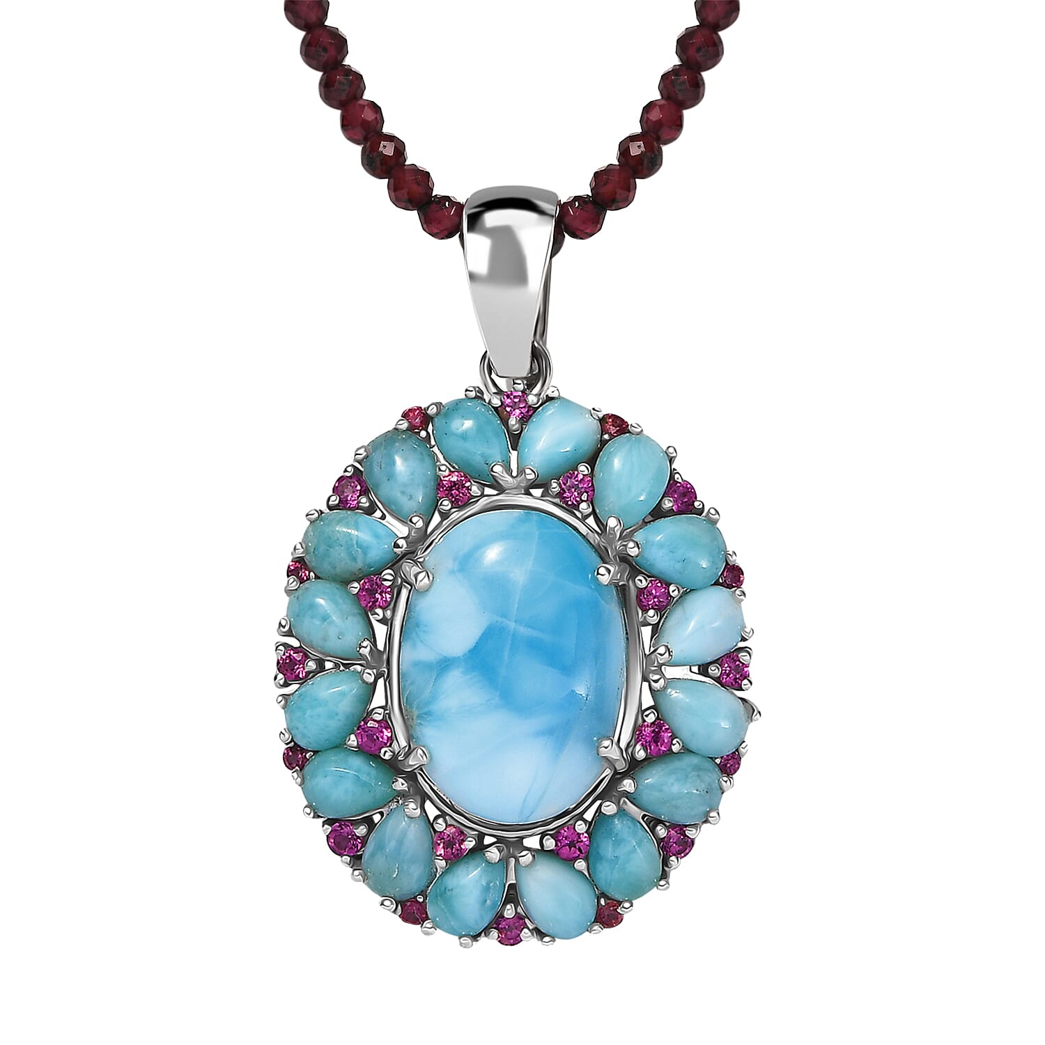 26th Apr TLV Premium Larimar, Orissa Rhodolite Garnet Pendant with Beaded Chain (20 Inches) in Rhodium Over Sterling Silver 92.75 ctw