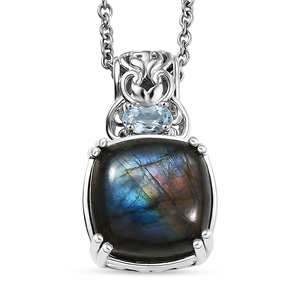EverTrue Malagasy Labradorite and Sky Blue Topaz 5.15 ctw Pendant in Platinum Bond with Stainless Steel Necklace 20 Inches