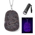 Natural Yooperlite 185.00 ctw Carved Dragon Pendant Necklace in Stainless Steel 20 Inches with Free UV Flash Light - Sticky add to cart bar