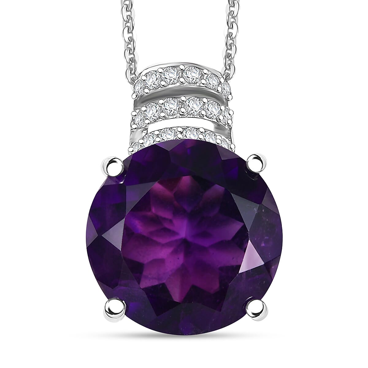 African Amethyst and White Zircon 6.35 ctw Pendant Necklace 20 Inches in Rhodium Over Sterling Silver