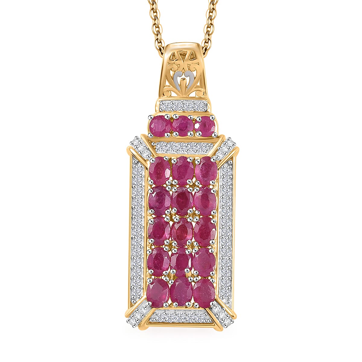Mozambique Ruby and White Zircon 5.15 ctw Pendant Necklace in Rhodium and 18K Vermeil Yellow Gold Over Sterling Silver 20 Inches