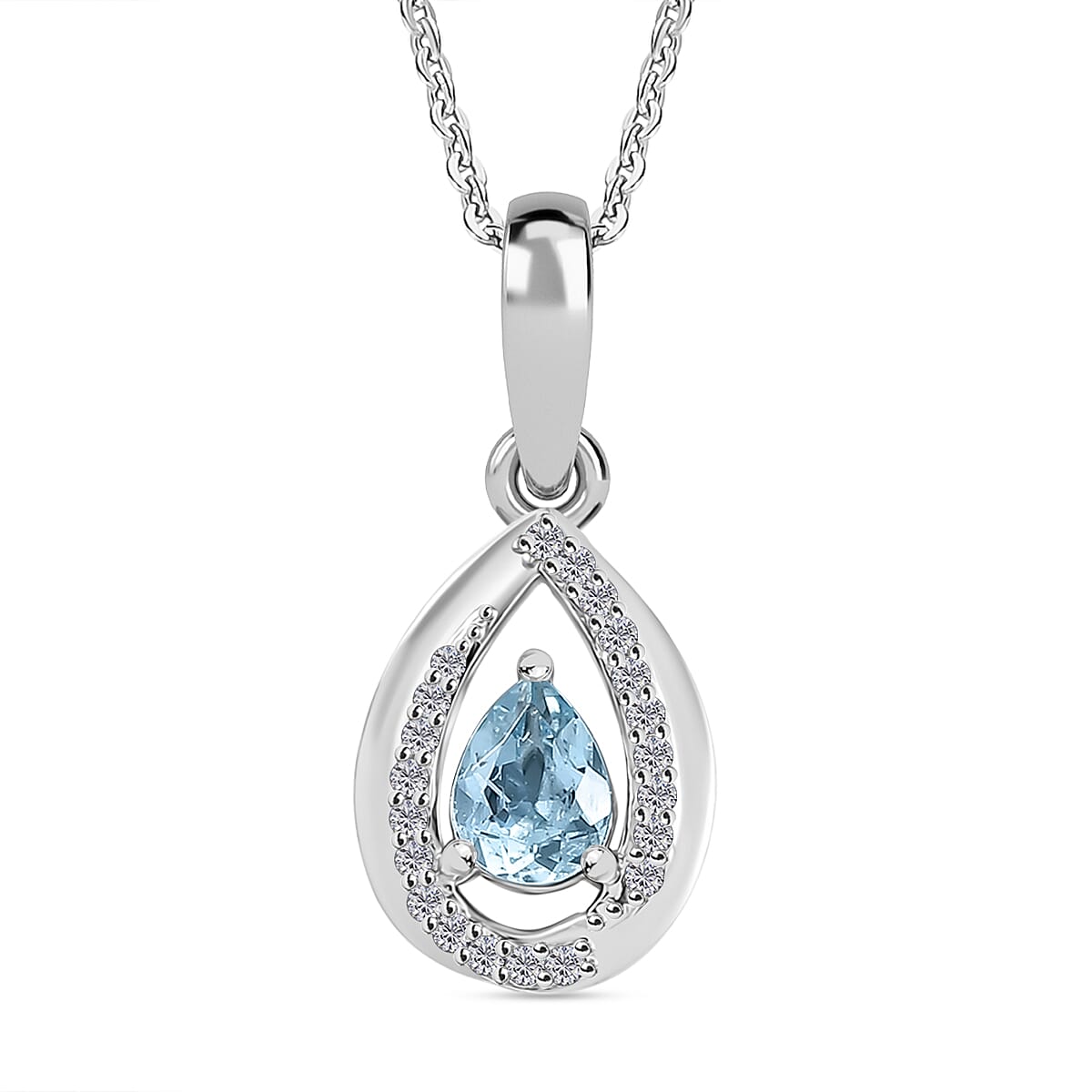 Santamaria Aquamarine and White Zircon 0.90 ctw Pendant Necklace in Rhodium Over Sterling Silver 20 Inches