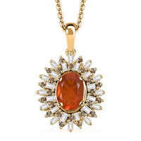 Crimson Fire Opal, Natural Champagne and White Diamond (0.35 cts) Sunkissed Spark Pendant Necklace (20 Inches) in 18K Vermeil YG Over Sterling Silver 0.85 ctw