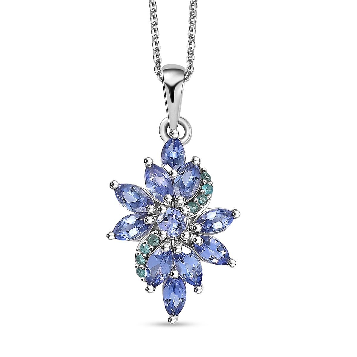 Premium Tanzanite and AAA Paraiba Tourmaline 1.82 ctw Floral Pendant Necklace in Rhodium Over Sterling Silver 20 Inches