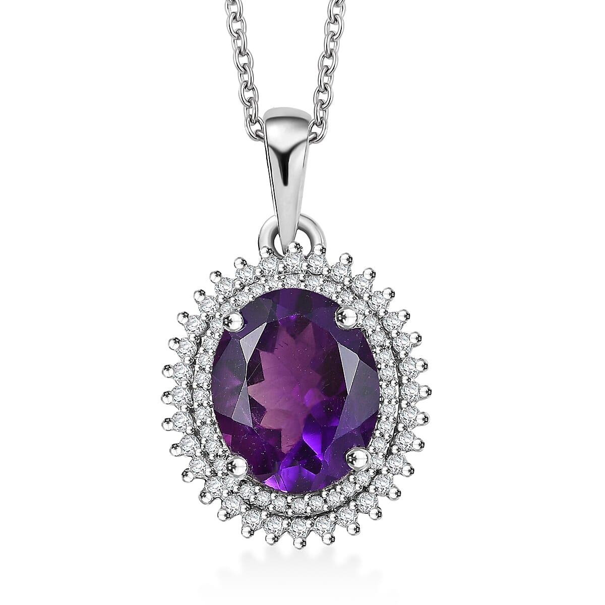 Karis African Amethyst and White Zircon 3.70 ctw Floral Pendant in Platinum Bond with Stainless Steel with Necklace 20 Inches