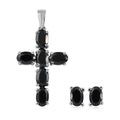 Natural Thai Black Spinel Cross Pendant and Solitaire Stud Earrings in Stainless Steel 4.60 ctw - Sticky add to cart bar