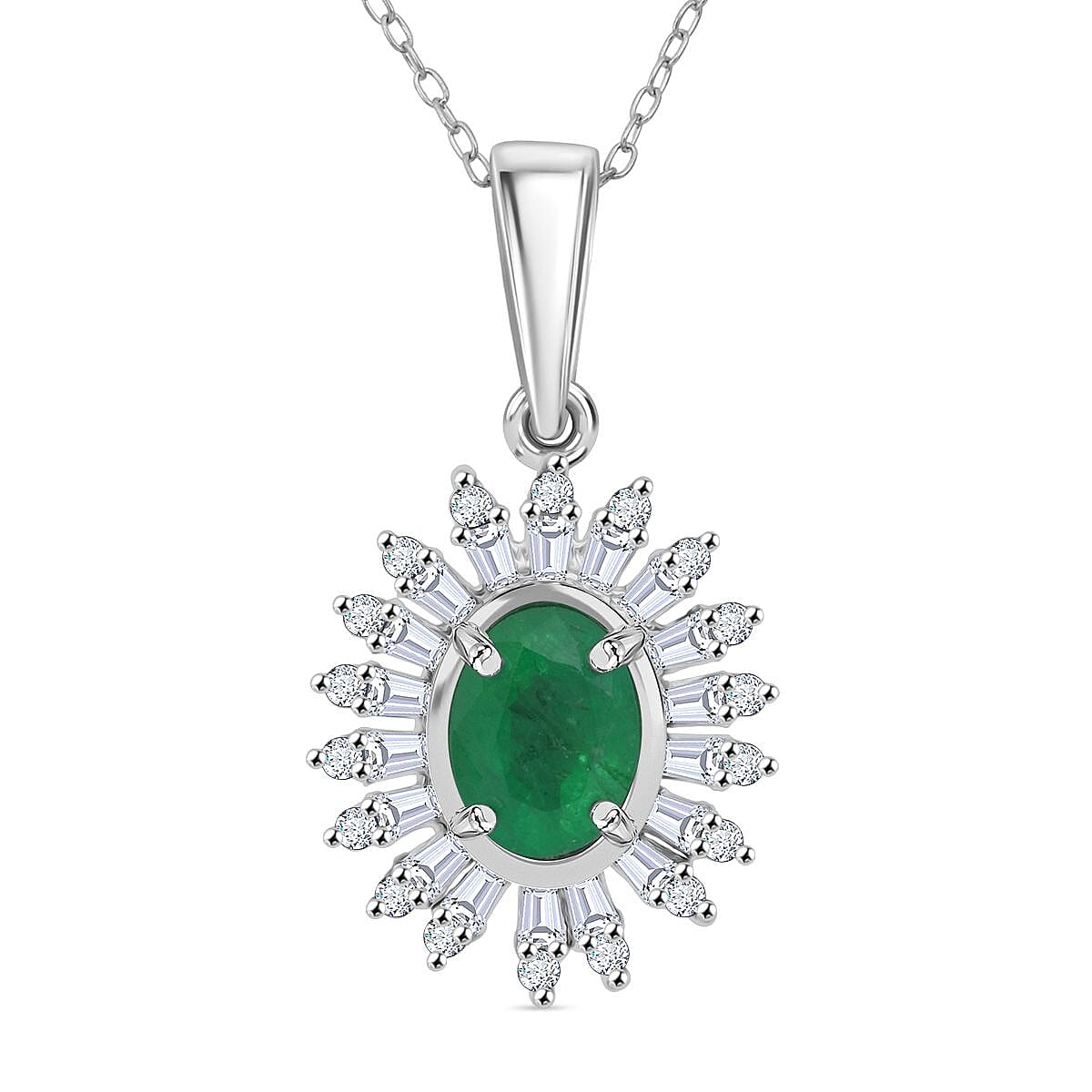 Premium Kagem Zambian Emerald and Moissanite 1.65 ctw Eternal Light Pendant Necklace in Rhodium Over Sterling Silver 20 Inches