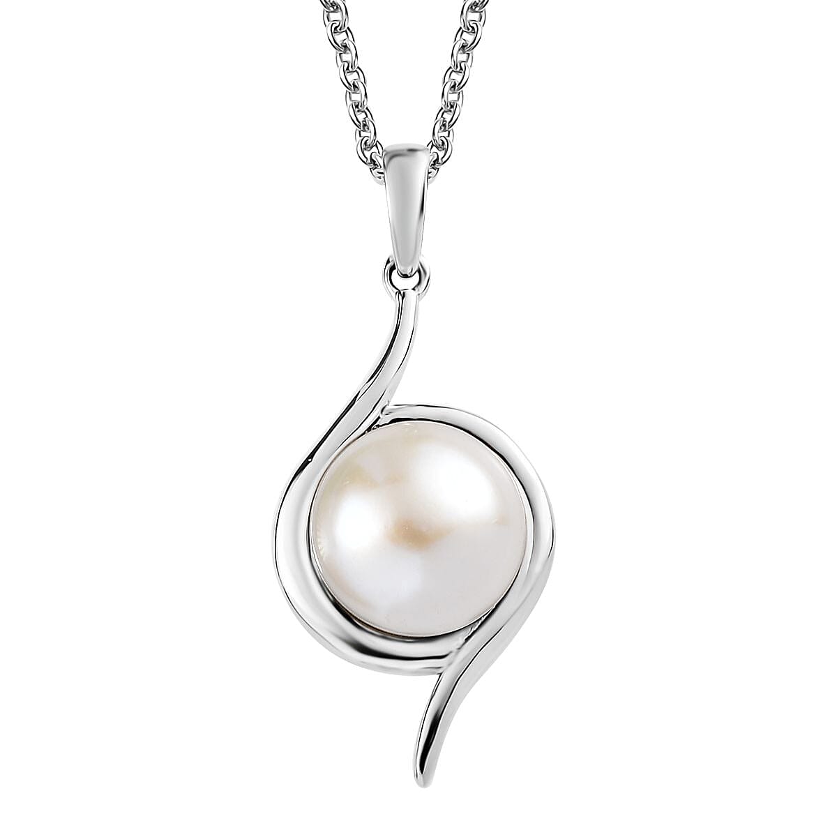 EverTrue White Freshwater Pearl Swirl Solitaire Pendant Necklace 20 Inches in Stainless Steel