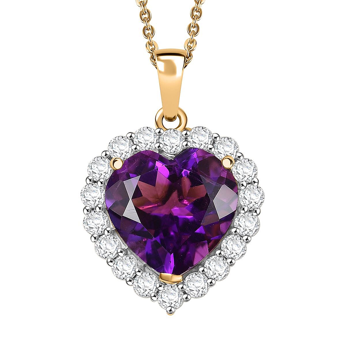 D'Joy AAA Lusaka Amethyst and Moissanite 6.10 ctw Heart Pendant Necklace in 18K Vermeil Yellow Gold Over Sterling Silver 20 Inches