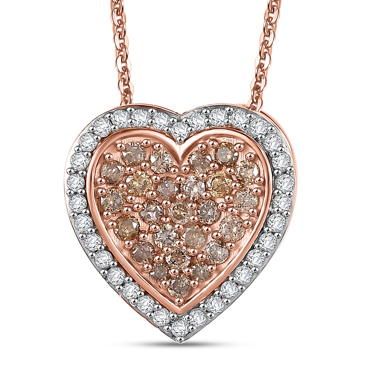 D'Joy Natural Champagne Diamond 1.00 ctw Romantic Heart Pendant Necklace in 18K Vermeil Rose Gold Over Sterling Silver 20 Inches