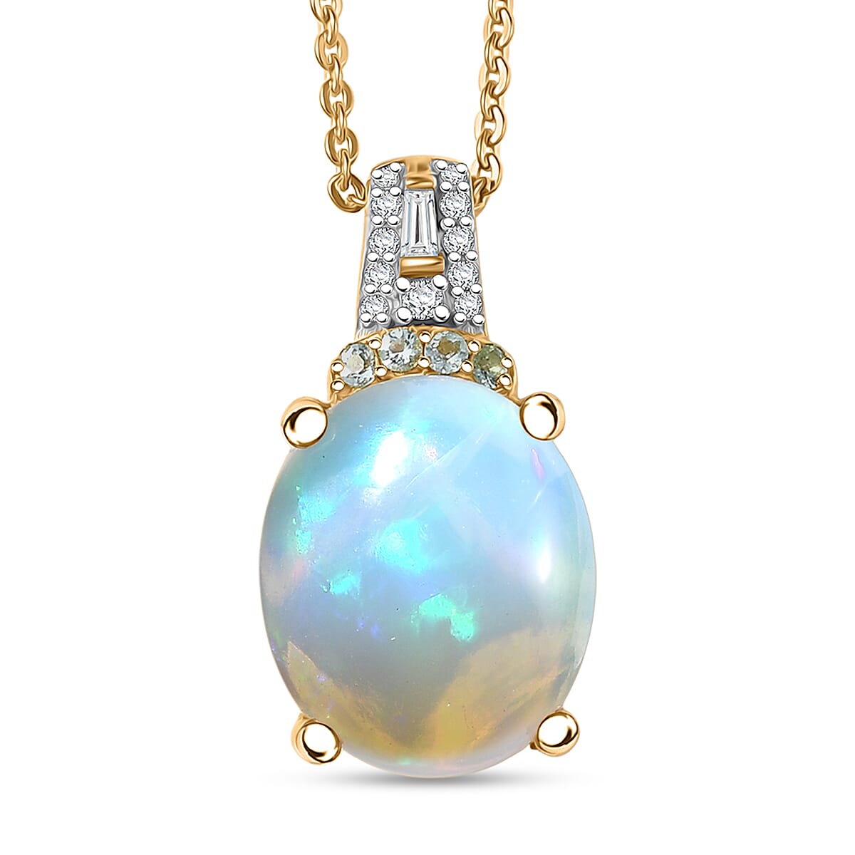 D'Joy Premium Ethiopian Welo Opal, Paraiba Tourmaline and Diamond 3.15 ctw Aurora Moon Pendant Necklace in 18K Vermeil Yellow Gold Over Sterling Silver 20 Inches