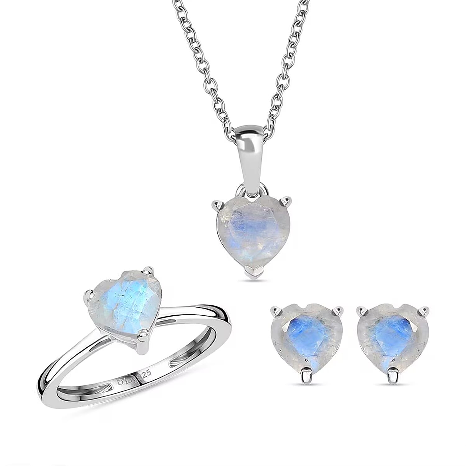 D'Joy Moon Glow Moonstone 4.10 ctw Heart Earrings, Ring and Pendant Necklace 20 Inches in Platinum Over Sterling Silver