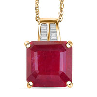 D'Joy Asscher Cut Niassa Ruby (FF) and Diamond 7.70 ctw Art Deco Pendant Necklace 20 Inches in 18K Vermeil Yellow Gold Over Sterling Silver