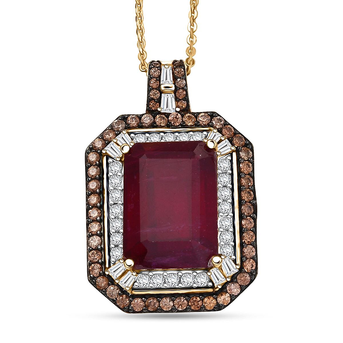 D'Joy Niassa Ruby (FF) and Multi Gemstone 13.50 ctw Art Deco Pendant Necklace 20 Inches in 18K Vermeil Yellow Gold Over Sterling Silver