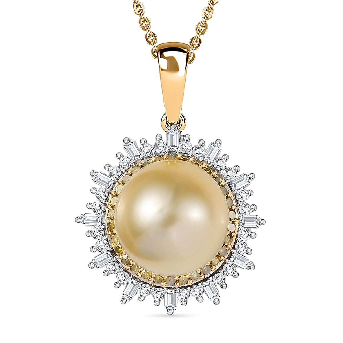 D'Joy Golden South Sea Pearl, Natural Yellow and White Diamond 0.48 ctw Radiant Sunburst Pendant Necklace 20 Inches in 18K Vermeil Yellow Gold Over Sterling Silver