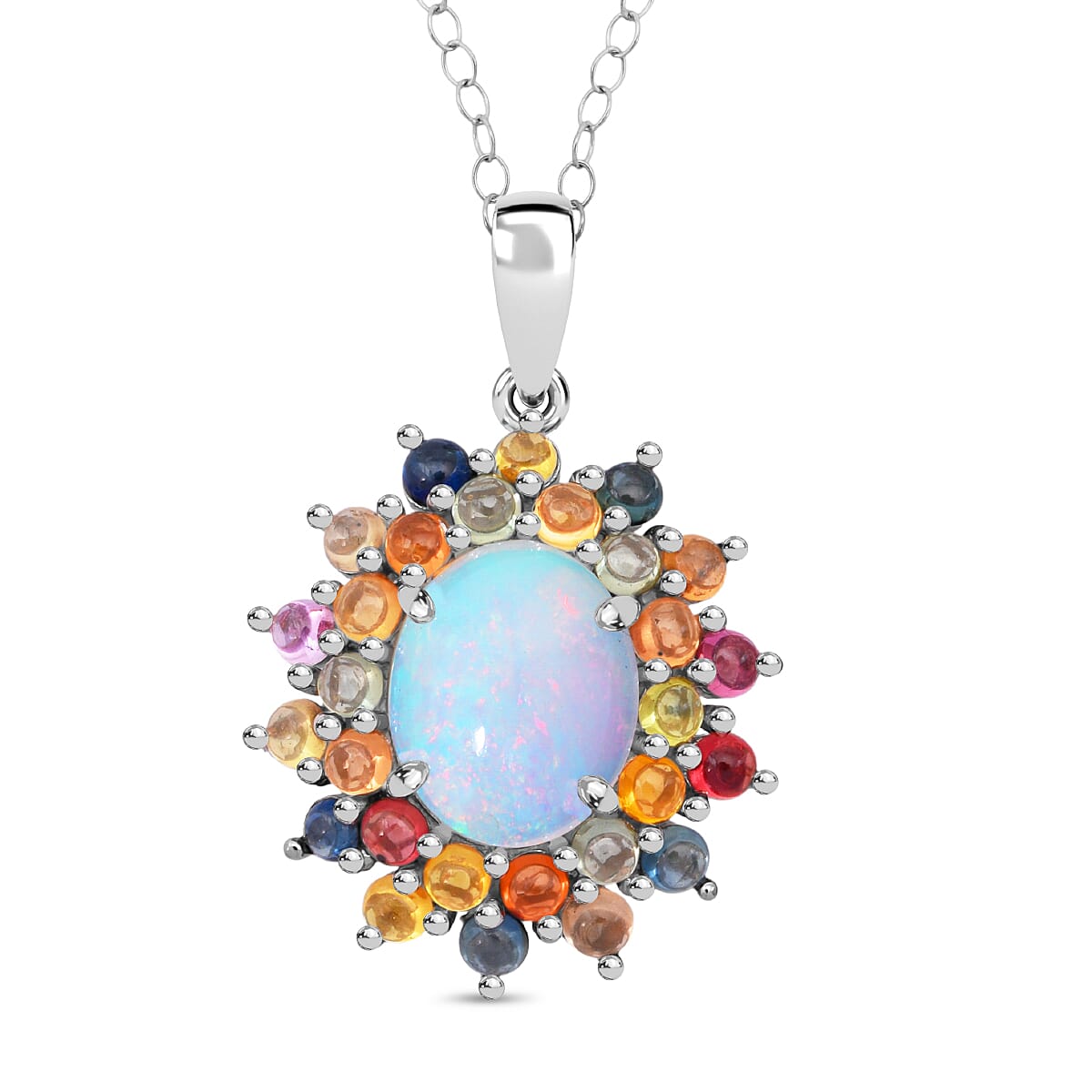 D'Joy Premium Ethiopian Welo Opal and Multi Sapphire 5.10 ctw Celestial Carnival Pendant Necklace in Rhodium Over Sterling Silver 20 Inches