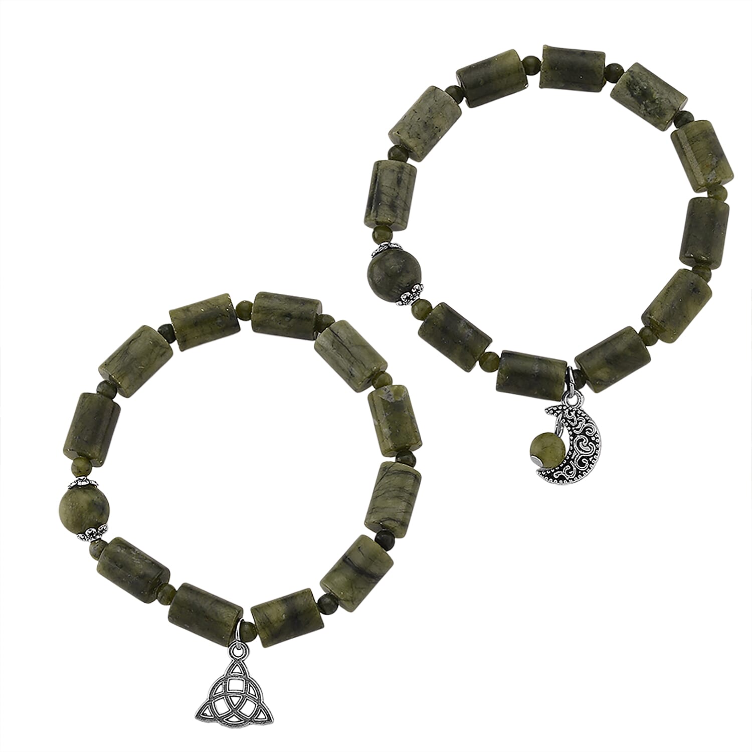 Set of 2 Connemara Marble 49.00 ctw Beaded Stretch Bracelet with Moon and Knot Charm in Silvertone (6.5-7.0In)