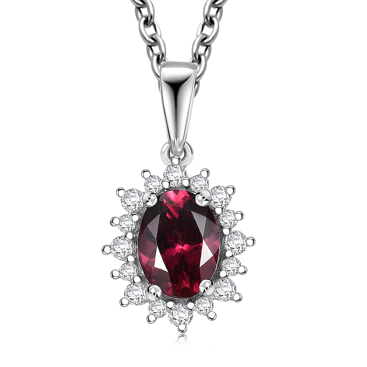 D'Joy Orissa Rhodolite Garnet and White Zircon 2.05 ctw Radiance of Sunburst Pendant Necklace 20 Inches in Platinum Over Sterling Silver