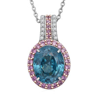 Luxoro AAA Cambodian Blue Zircon, Pink Sapphire and G-H SI Diamond 6.00 ctw Blue Rose Pendant Necklace in 10K White Gold 18 Inches