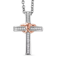 Luxuriant Lab Grown Diamond G-H SI 0.10 ctw Cross with Love Pendant in 18K Vermeil RG and Rhodium Over Sterling Silver with Stainless Steel Necklace 20 Inches