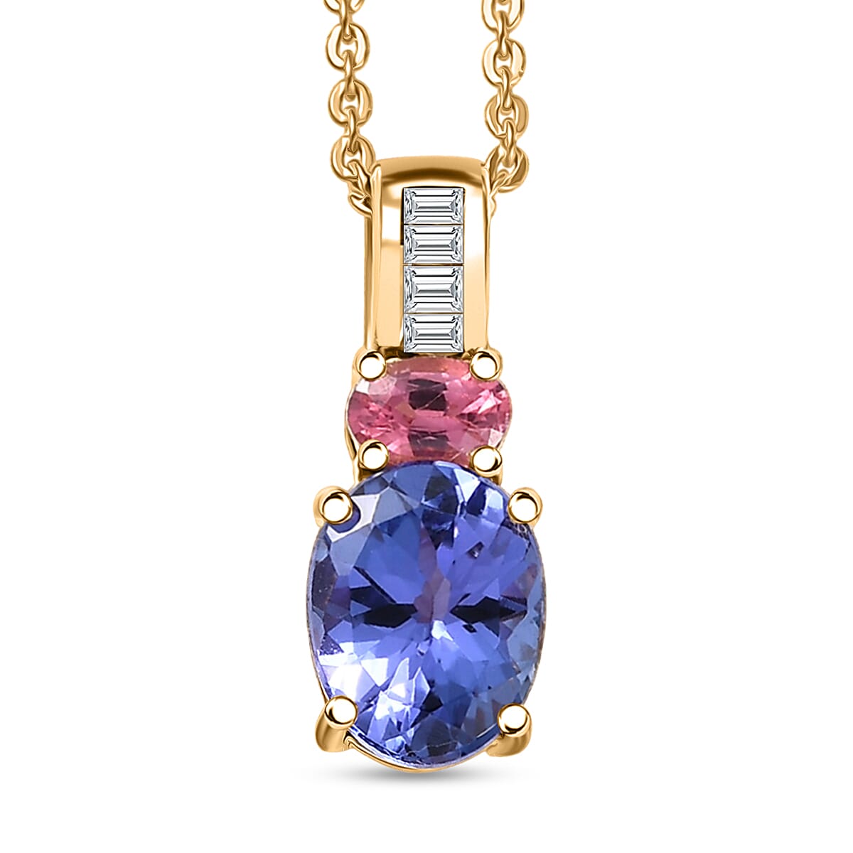D'Joy Premium Tanzanite, Mahenge Spinel and Diamond 1.60 ctw Trinity Fire Pendant Necklace in 18K Vermeil Yellow Gold Over Sterling Silver 20 Inches