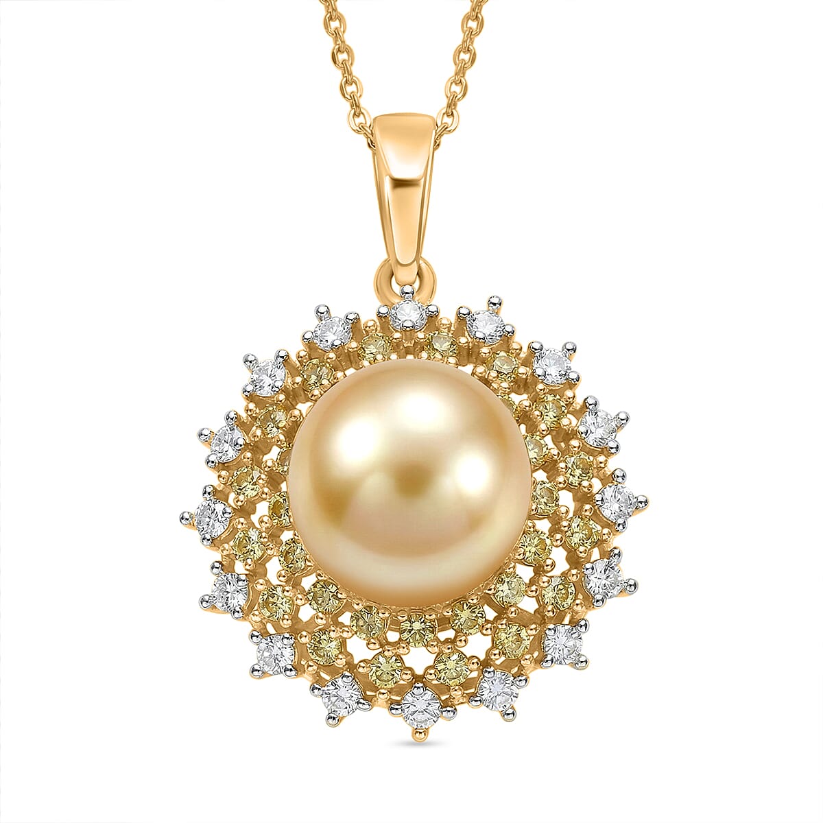 D'Joy South Sea Golden Cultured Pearl and Multi Gemstone 1.00 ctw Golden Sunflare Pendant Necklace in 18K Vermeil Yellow Gold Over Sterling Silver 20 Inches