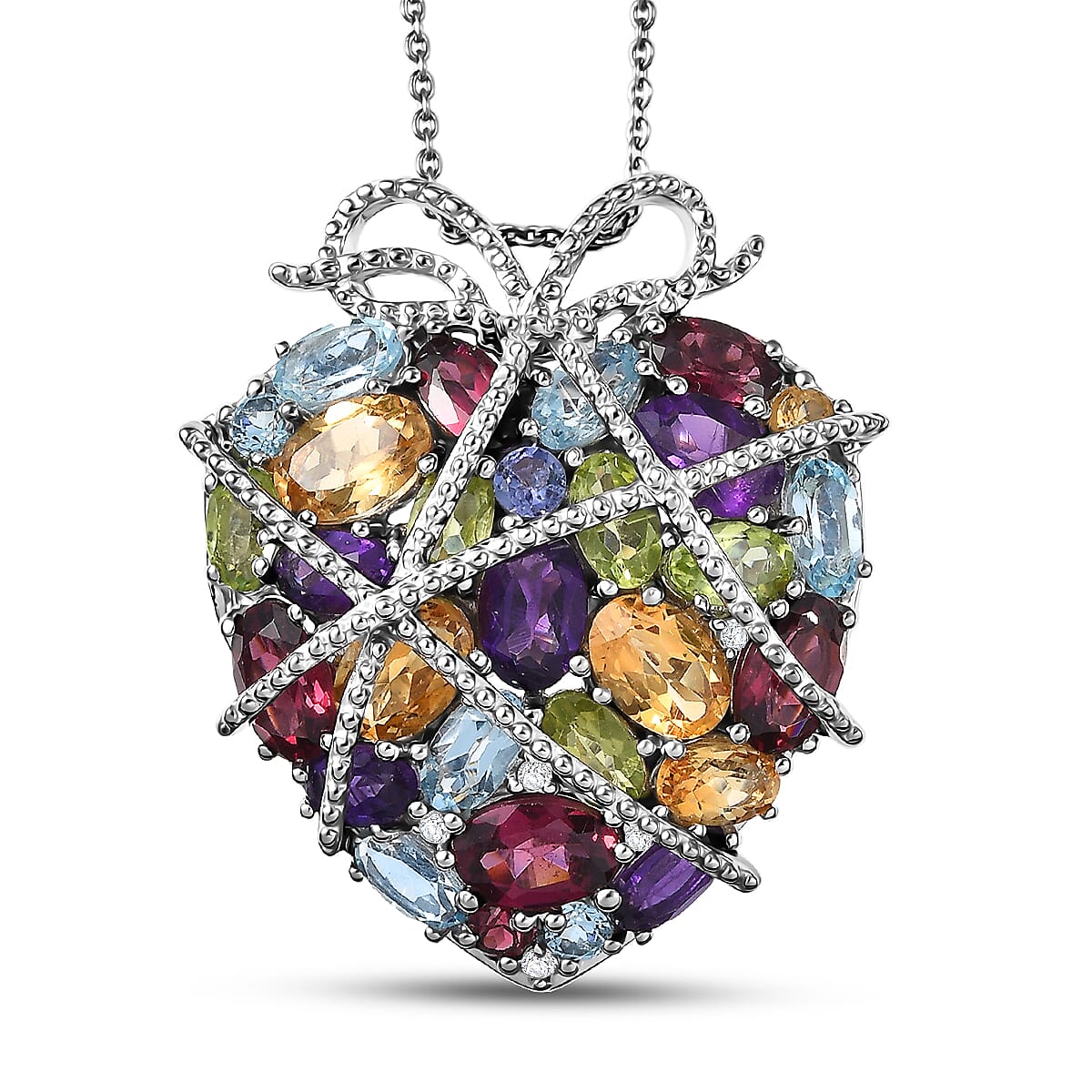 GP Premium Multi Gemstone Pendant Necklace (20 Inches) in Rhodium Over Sterling Silver 4.20 ctw