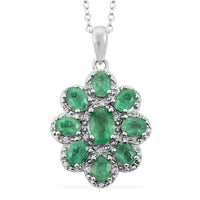 AAA Kagem Emerald and White Zircon Flower Pendant Necklace 18 Inches in Rhodium Over Sterling Silver 1.85 ctw