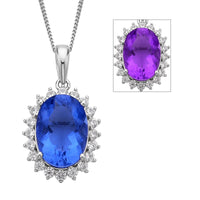 Color Change Fluorite and White Zircon Halo Pendant Necklace 18 Inches in Rhodium Over Sterling Silver 7.90 ctw