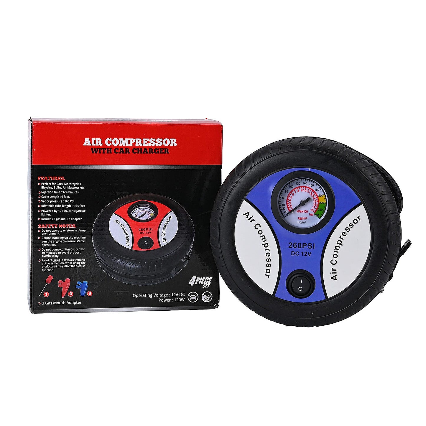 Blue Compact Portable Electric Mini DC 12V Air Compressor Tire Inflator with 150 PSI Pressure Gauge Car Tire Pump