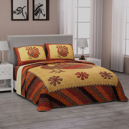 White with Multi Color Tree of Life Print 100% Cotton Hand Quilted, Hand Stitched Quilt and 2pcs Pillow Sham