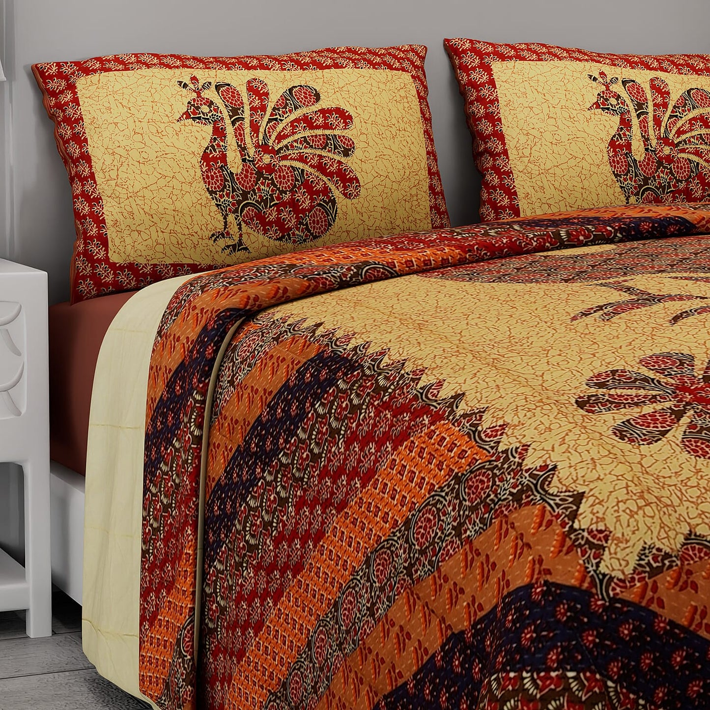 White with Multi Color Tree of Life Print 100% Cotton Hand Quilted, Hand Stitched Quilt and 2pcs Pillow Sham